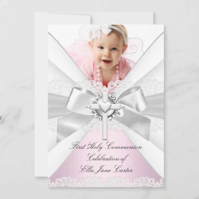 Invitación Foto rosa plateado blanco: primera comunión sagrad (Anverso)