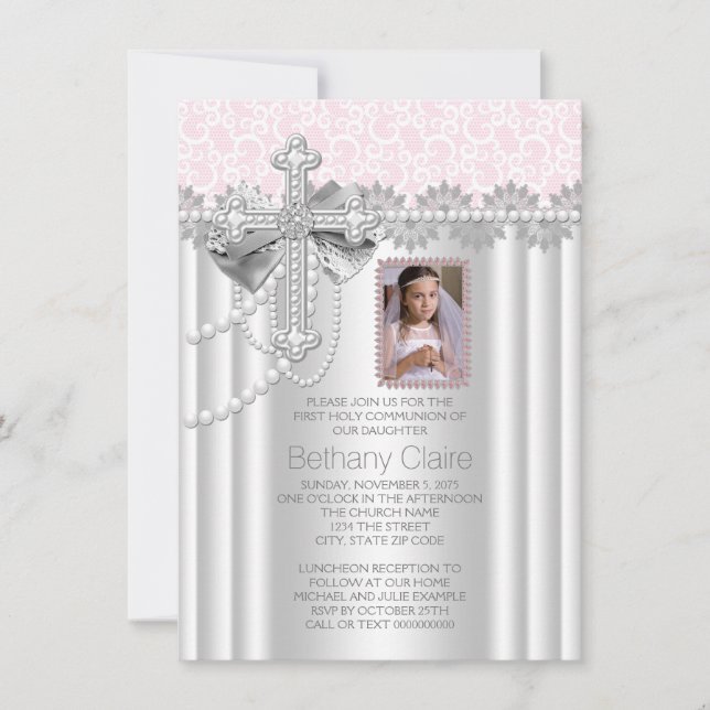 Invitación Foto rosa primera cruz de encaje de comunicación (Anverso)