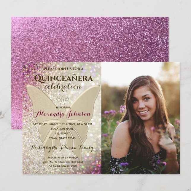 Invitación Foto rosa Quinceanera 15º cumpleaños (Anverso / Reverso)