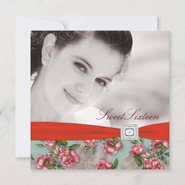 Invitación Foto Rosa Roja Dulce Dieciséis Cumpleaños (Anverso)