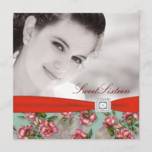 Invitación Foto Rosa Roja Dulce Dieciséis Cumpleaños