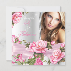 Invitación Foto Rosa Rosa Bow Fabulous Silver Cumpleaños