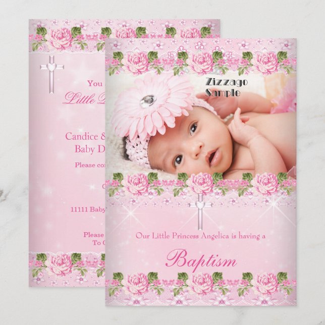 Invitación Foto Rosa Rosa Floral Bautismo Bebé (Anverso / Reverso)