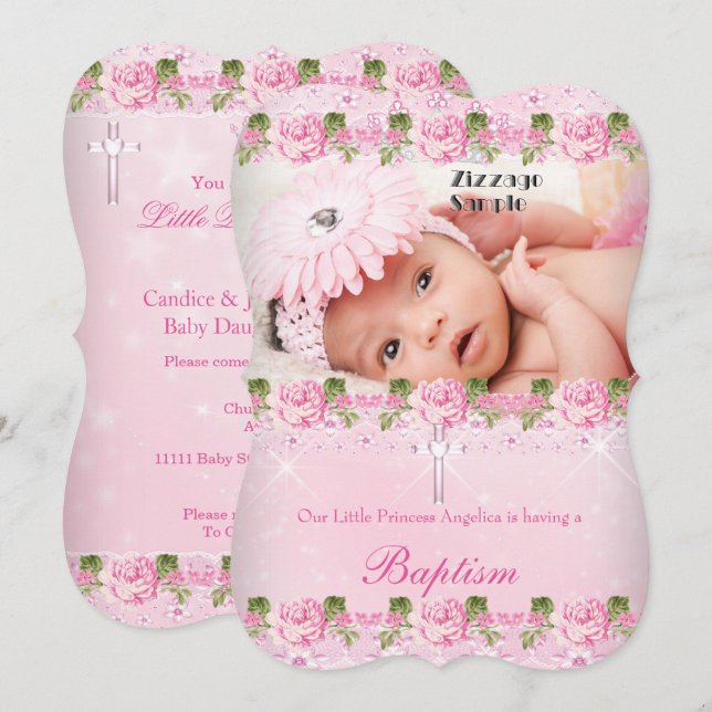 Invitación Foto Rosa Rosa Floral Bautismo Bebé (Anverso / Reverso)