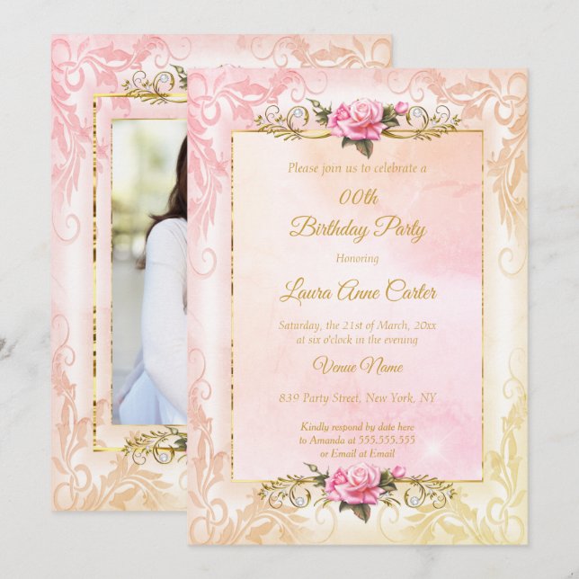 Invitación Foto rosa rosa rosa rosa rosa de coral de melocotó (Anverso / Reverso)
