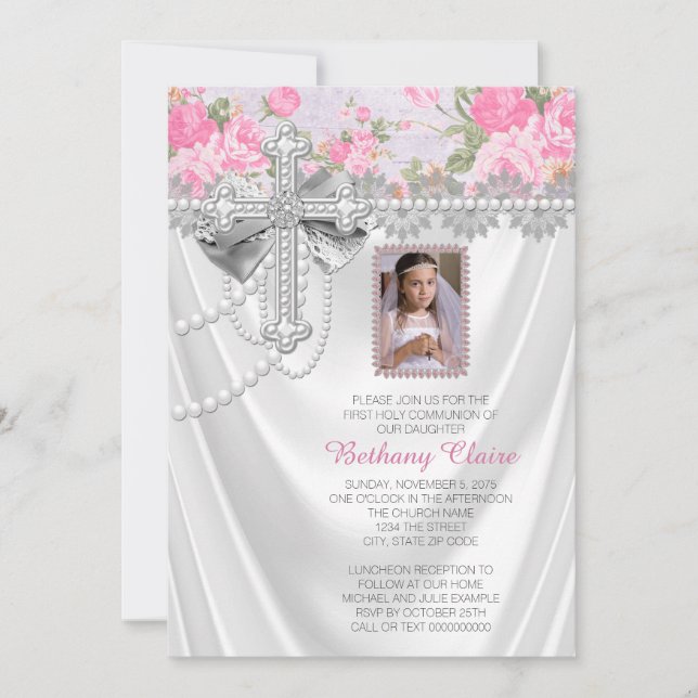 Invitación Foto Rosa Rosa Rosada Primera Comunión Satina Blan (Anverso)