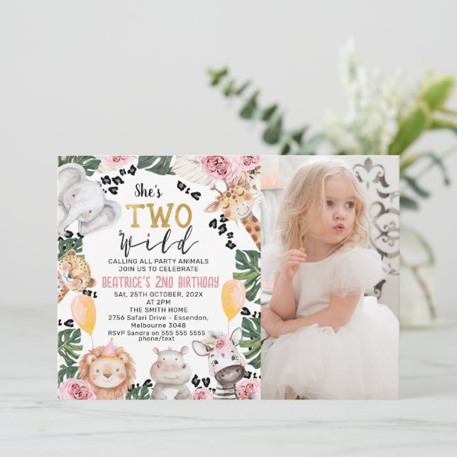 Invitación Foto Rosa Rosa Safari Dos Cumpleaños Salvajes (Anverso de pie)