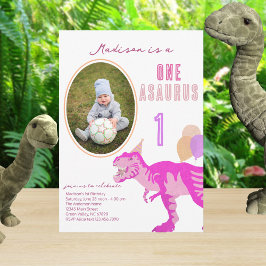 Invitación Foto Rosa T-Rex Cualquier edad Fiesta de primer cu