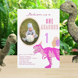 Invitación Foto Rosa T-Rex Cualquier edad Fiesta de primer cu