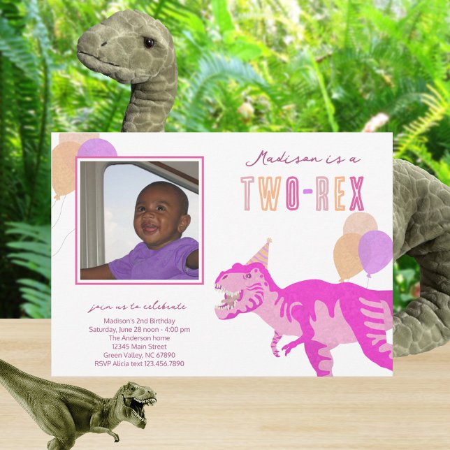 Invitación Foto Rosa T-Rex Dos Rex Cute Segundo Fiesta de Cum (So easy to add your child's photo, name and dinosaur birthday party details)