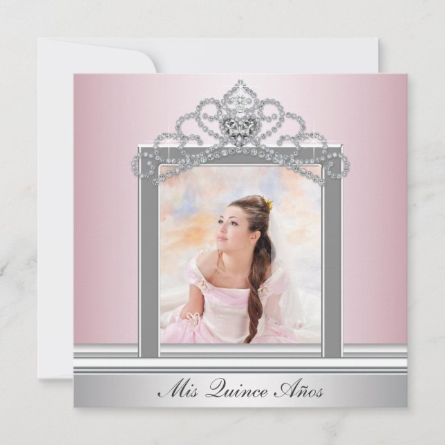 Invitación Foto Rosa Tiara Rosa Quinceanera (Anverso)