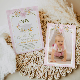 Invitación Foto rosa vintage One Silly Goose primer cumpleaño