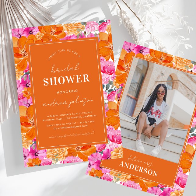 Invitación Foto Rosa y Naranja Vibrante Jardín Ducha Bridal (Subido por el creador)