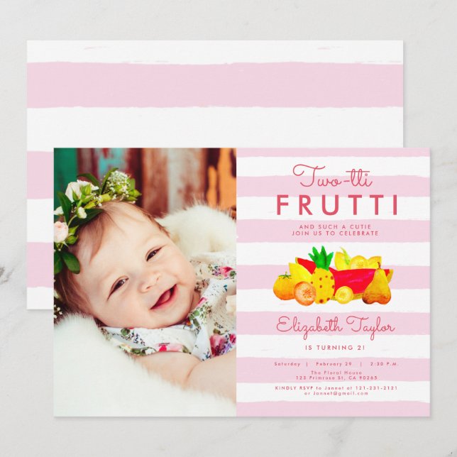 Invitación Foto rosada Two-tti Frutti del 2do cumpleaños (Anverso / Reverso)