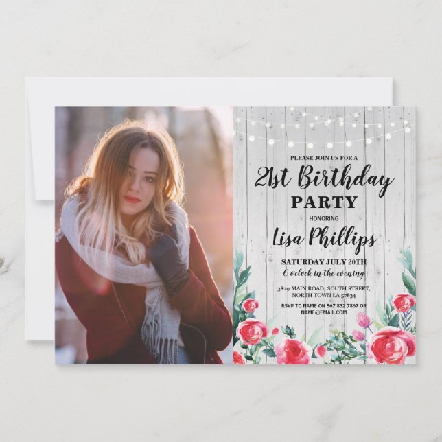 Invitación Foto Rustic 21st Birthday Fiesta Red Floral Wood (Anverso)
