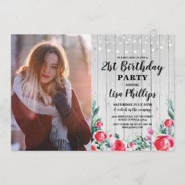 Invitación Foto Rustic 21st Birthday Fiesta Red Floral Wood