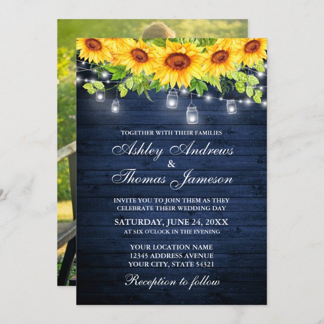 Invitación Foto Rustic Blue Wood Sunflower Floral Jar Lights (Anverso / Reverso)