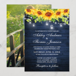 Invitación Foto Rustic Blue Wood Sunflower Floral Jar Lights