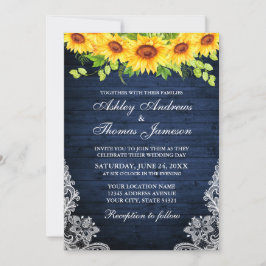Invitación Foto Rustic Blue Wood Sunflower Floral Lace