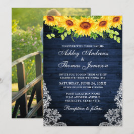 Invitación Foto Rustic Blue Wood Sunflower Floral Lace