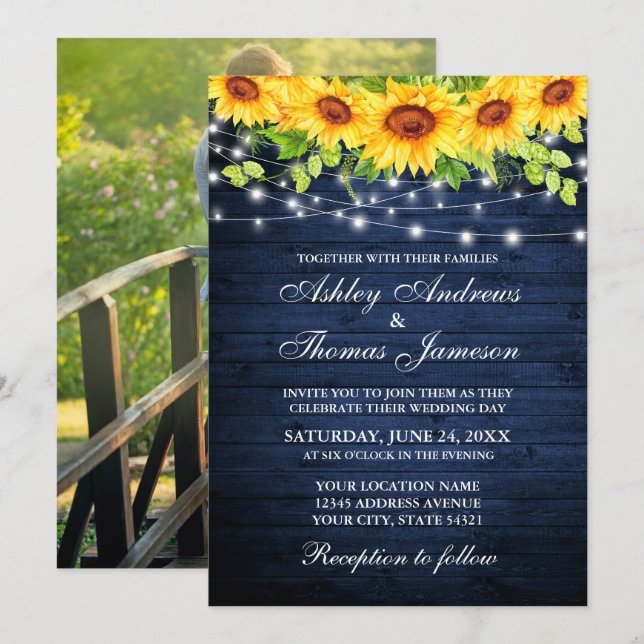Invitación Foto Rustic Blue Wood Sunflower Floral Light (Anverso / Reverso)