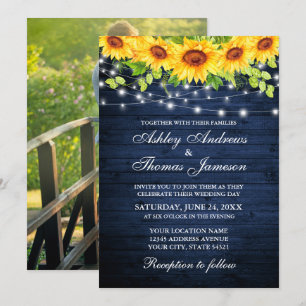 Invitación Foto Rustic Blue Wood Sunflower Floral Light