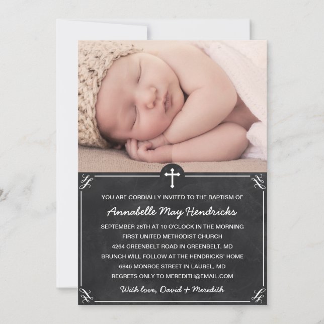 Invitación Foto Rustic Chalkboard Baptism/Christening (Anverso)