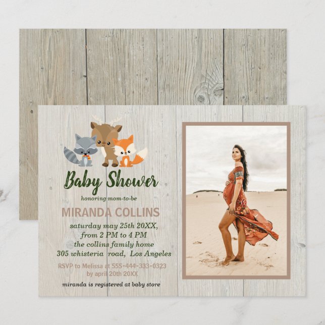 Invitación Foto Rustic de Woodland Animals Baby Shower (Anverso / Reverso)