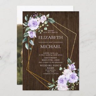 Invitación Foto Rustic Gold Geométrica Lilac Floral de madera