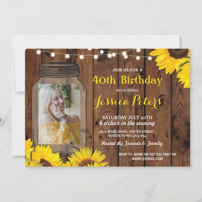 Invitación Foto Rustic Jar Birthday Party Wood Sunflower (Anverso)