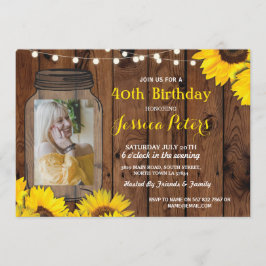 Invitación Foto Rustic Jar Birthday Party Wood Sunflower