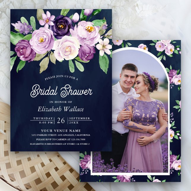 Invitación Foto Rustic Purple Floral de la marina Blue Bridal (Subido por el creador)