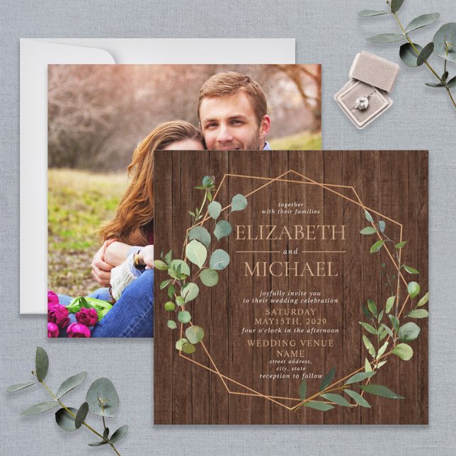 Invitación Foto Rustic Square Copper Geométrica Eucalyptus (Subido por el creador)