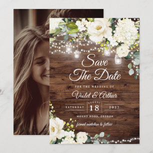 Invitación Foto Rustic String Lights Wedding Save The Date