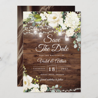 Invitación Foto Rustic String Lights Wedding Save The Date