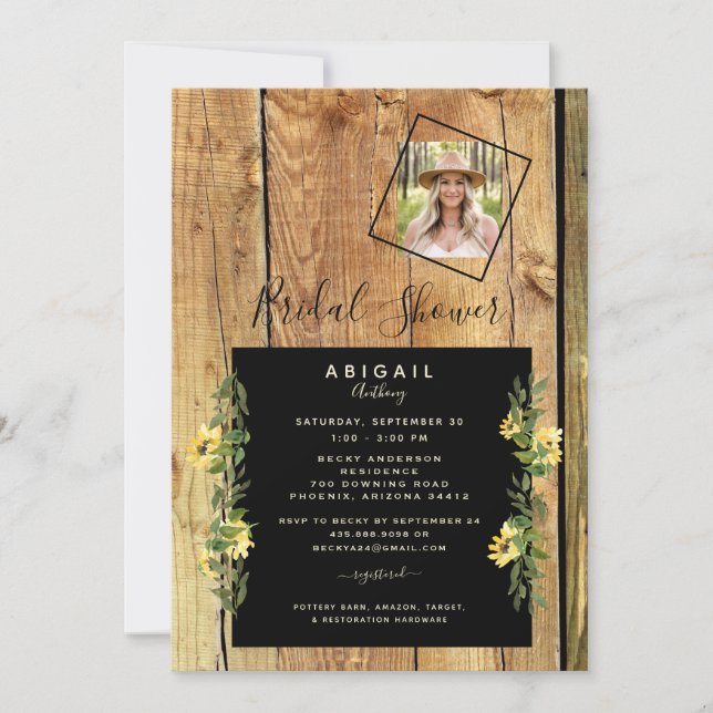 Invitación Foto Rustic Sunflower Bride foto Wood Bridal Showe (Anverso)
