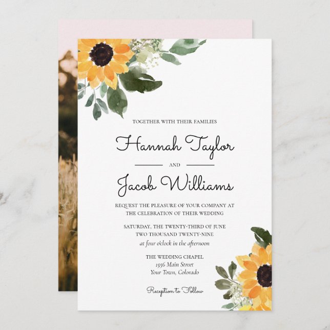 Invitación Foto Rustic Sunflower Eucalyptus (Anverso / Reverso)