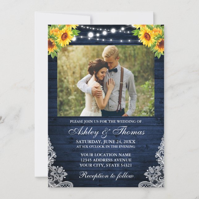 Invitación Foto Rustic Sunflower Floral Blue Wood (Anverso)