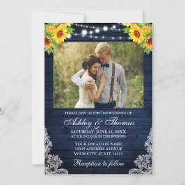 Invitación Foto Rustic Sunflower Floral Blue Wood