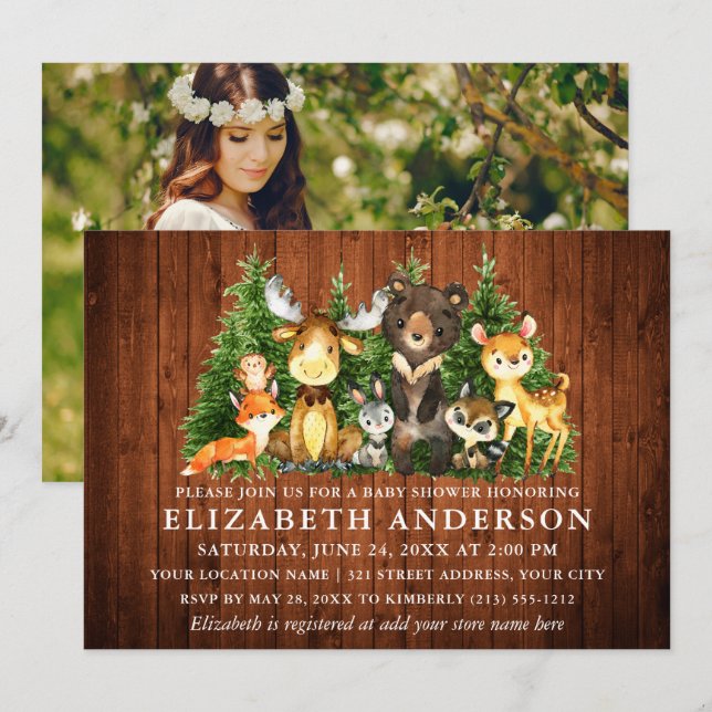 Invitación Foto Rustic Watercolor Woodland Animals Shower (Anverso / Reverso)
