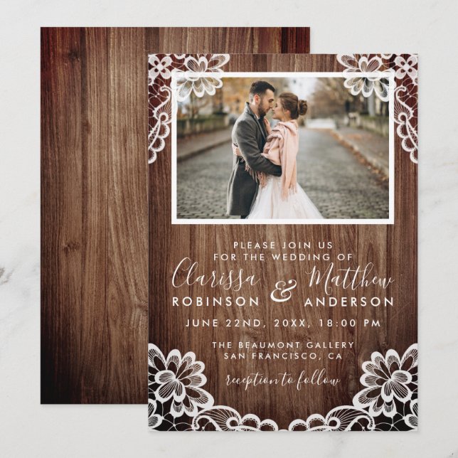 Invitación Foto Rustic Wood & Elegant Lace Boda (Anverso / Reverso)