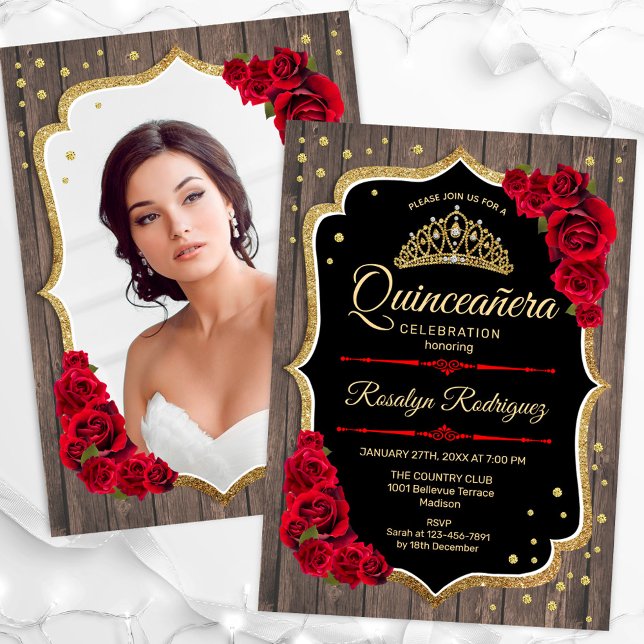 Invitación Foto Rustic Wood Gold Red Quinceanera (Subido por el creador)