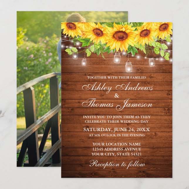 Invitación Foto Rustic Wood Sunflower Floral Jar Lights (Anverso / Reverso)
