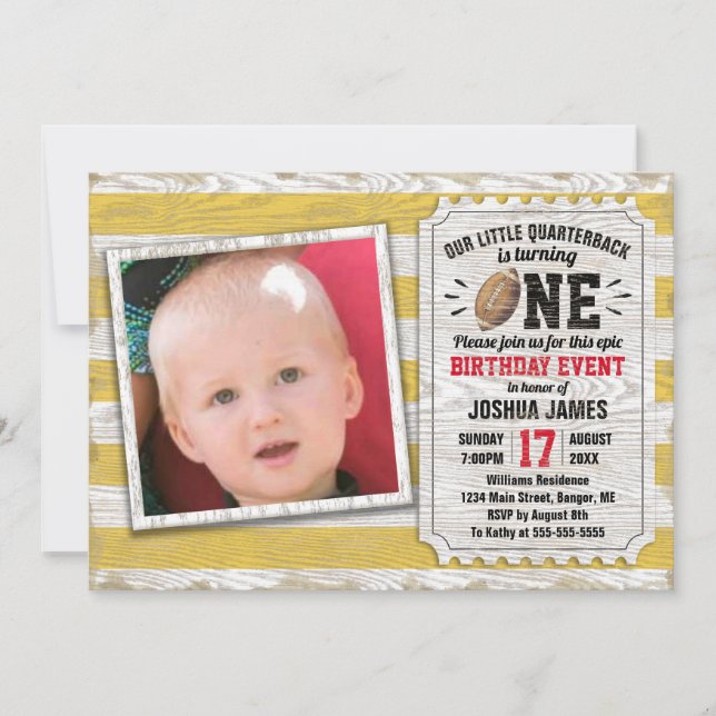 Invitación Foto Rustic Yellow del primer cumpleaños del fútbo (Anverso)