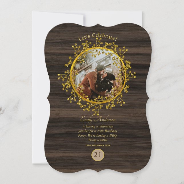 Invitación FOTO Rústica CUALQUIER EVENTO Wreath Wood Moderno (Anverso)