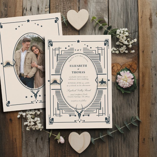 Invitación Foto rústica de bodas de vacuno (country wedding invitation rustic vintage cowboy frame elegant western theme blue beige photo)