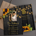 Invitación Foto rustica de girasol QR RSVP todo en un boda<br><div class="desc">Ceremonia de boda rústica y elegante recepción de elegante estilo todo en una plantilla de invitación sobre fondo de madera de grano marrón oscuro con foto en forma de arco y escaneando el código QR a RSVP en línea con grandes ramos de girasoles dorados, cuerdas de luces intermitentes y un...</div>