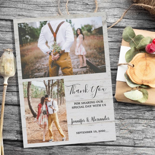 Invitación Foto rústica en madera de granero Gracias boda (Rustic country barn wood photo Thank You wedding card. You can add your own photos to personalize.)