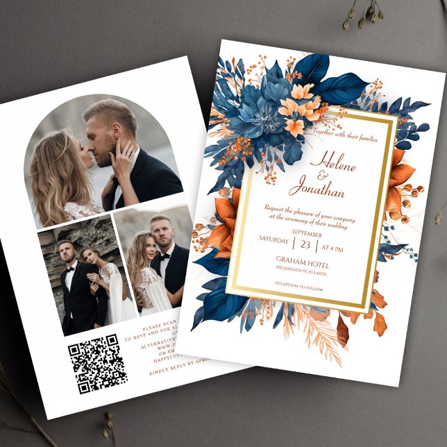 Invitación Foto Rustica Moderna Código QR Boda Floral Elegant (Modern Rustic Photo QR Code Floral Elegant Wedding Invitation)