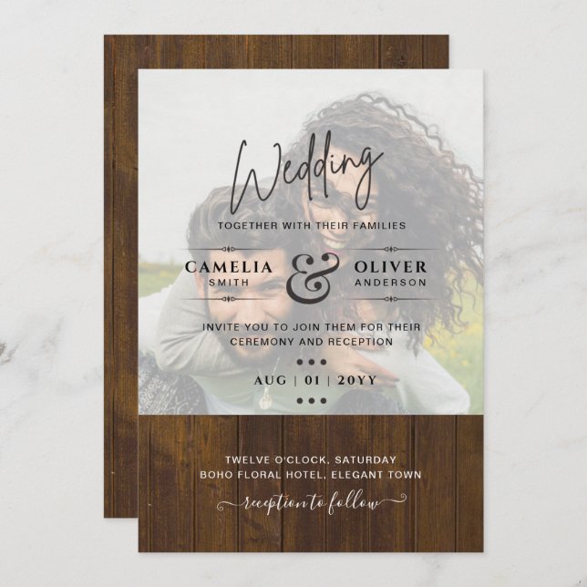 Invitación FOTO RÚSTICA SOBRELAY Wedding INVITE QR Code RSVP (Anverso / Reverso)